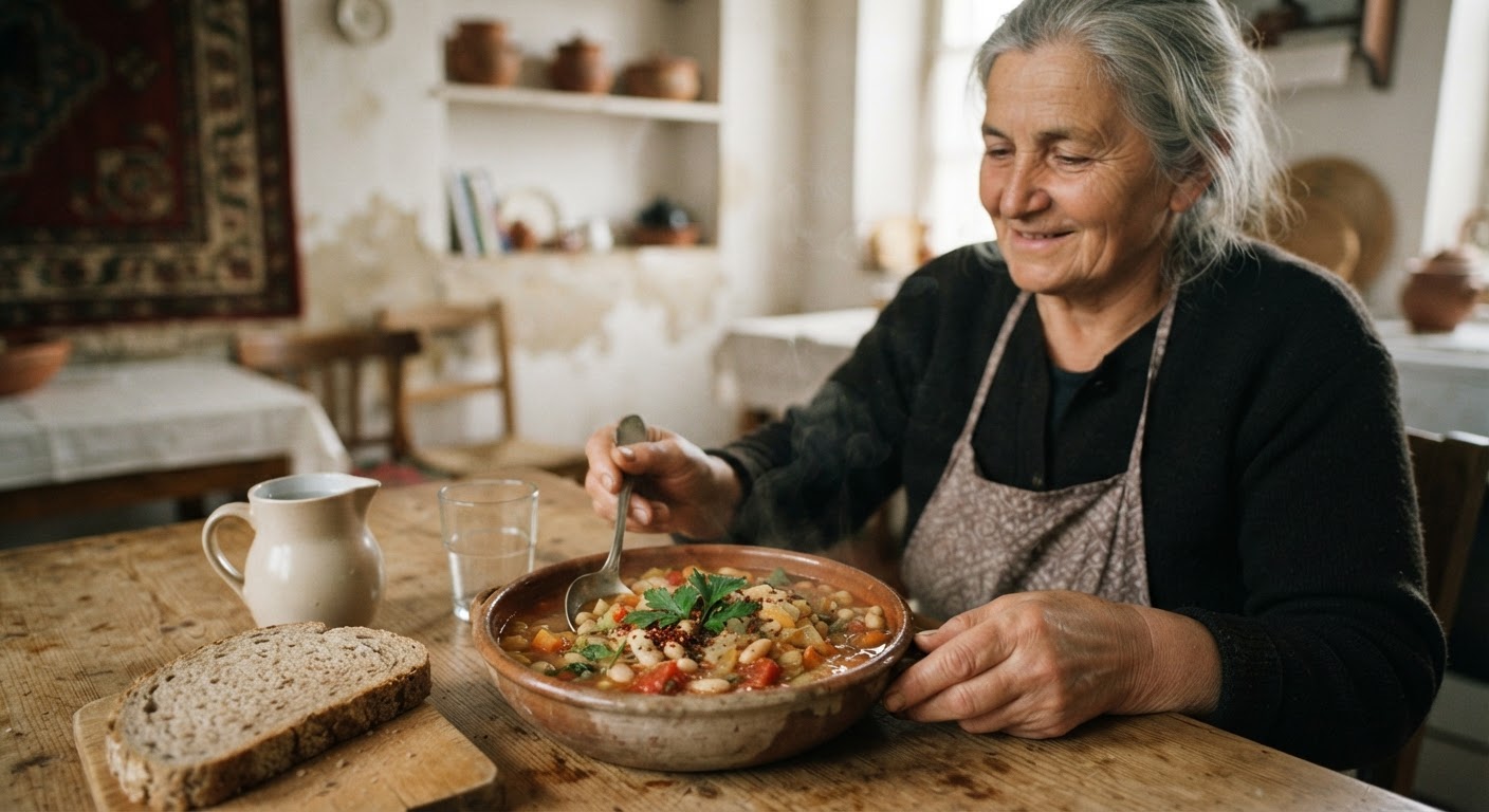 Një pjatë tradicionale shqiptare me fasule, duke demonstruar përdorimin e proteinave bimore në kuzhinën lokale.