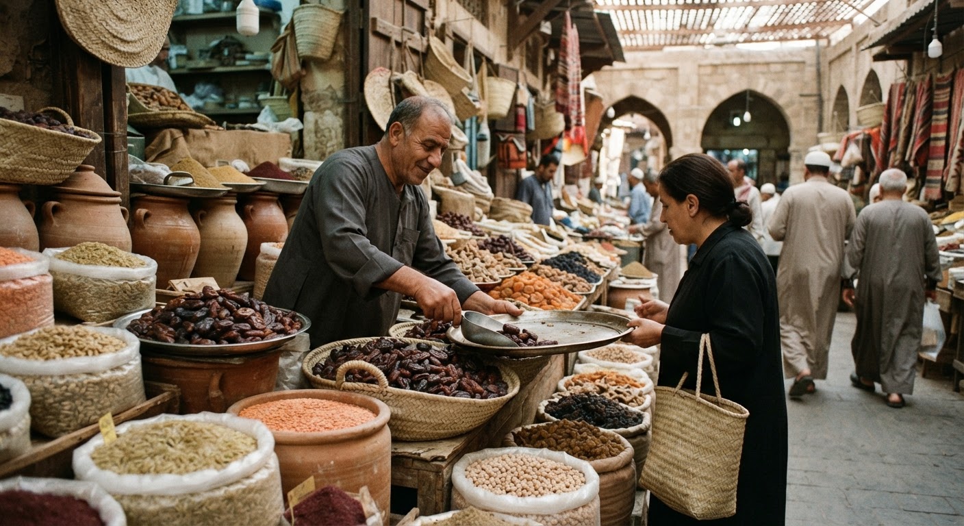 كشك في سوق شرق أوسطي يبيع التمور والحبوب
