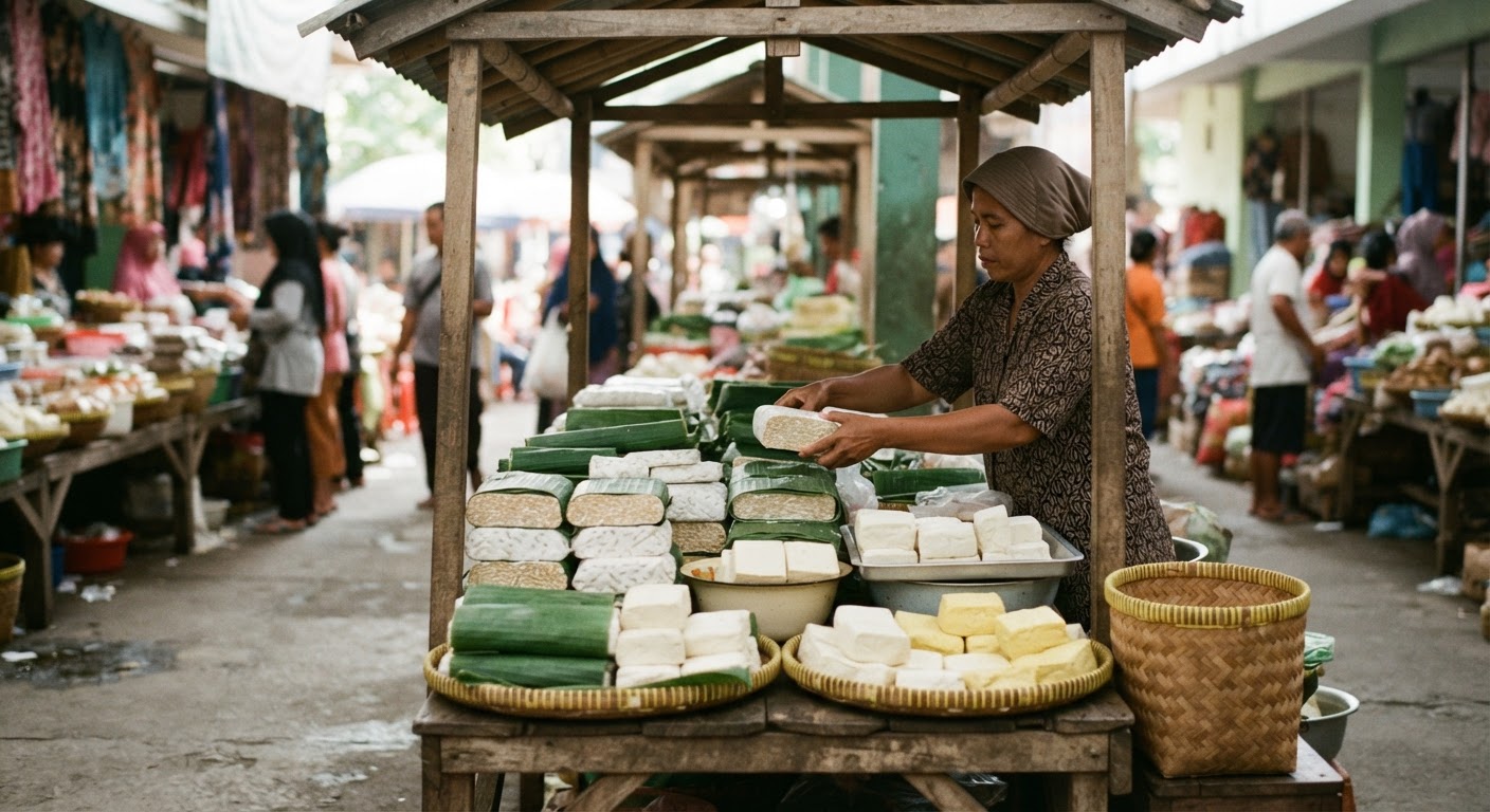 Tumpukan tempe dan tahu segar di lapak pasar tradisional Indonesia.