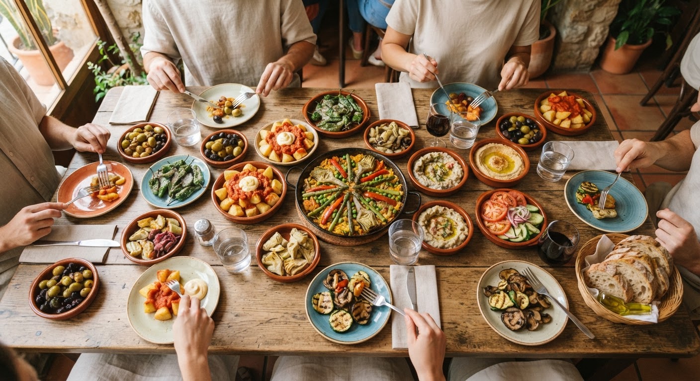 Vista aérea de una variada mesa de tapas españolas con aceitunas, pan y verduras frescas.