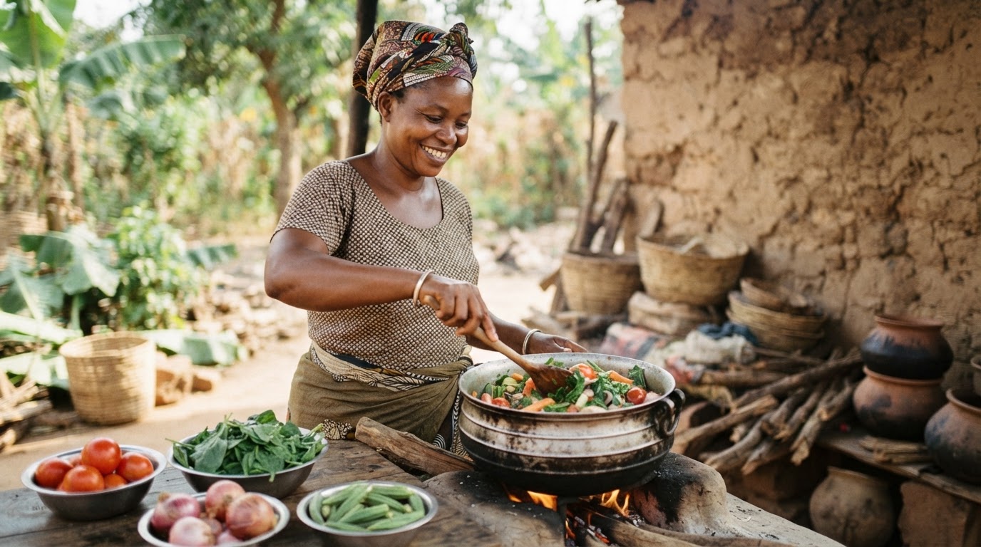Mulher africana a cozinhar vegetais numa panela, com um sorriso
