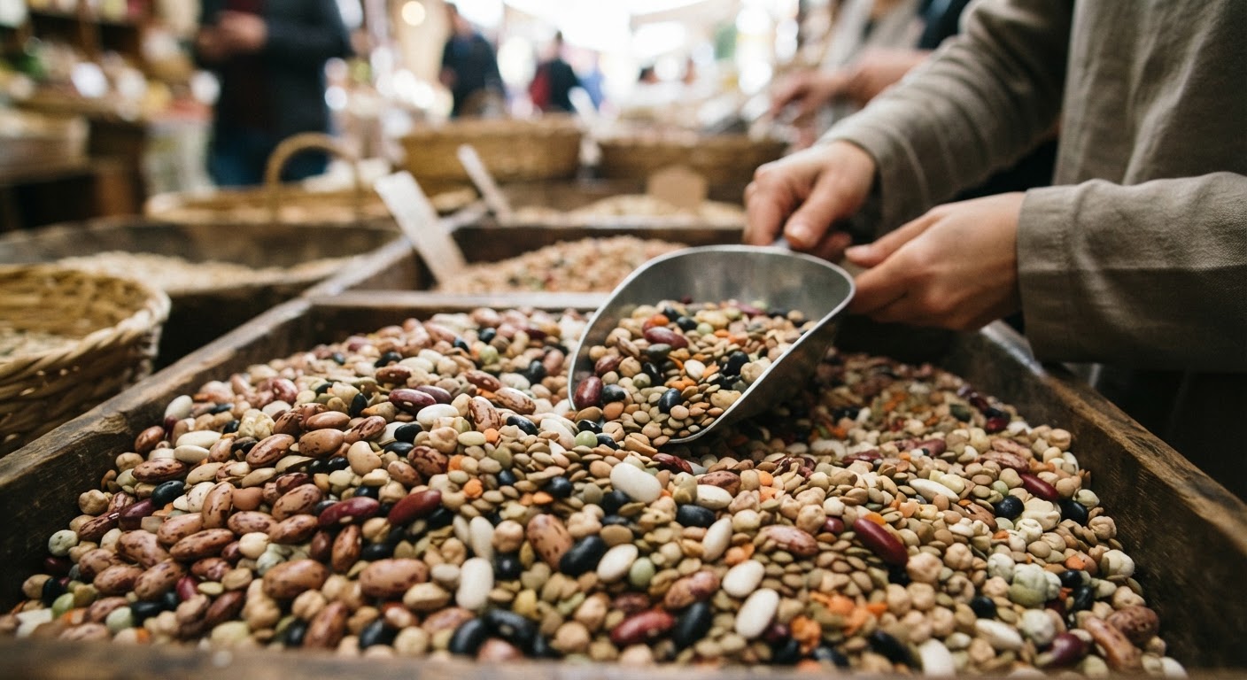 Leguminosas secas, como feijão e lentilhas, são fontes económicas e nutritivas de proteína vegetal.