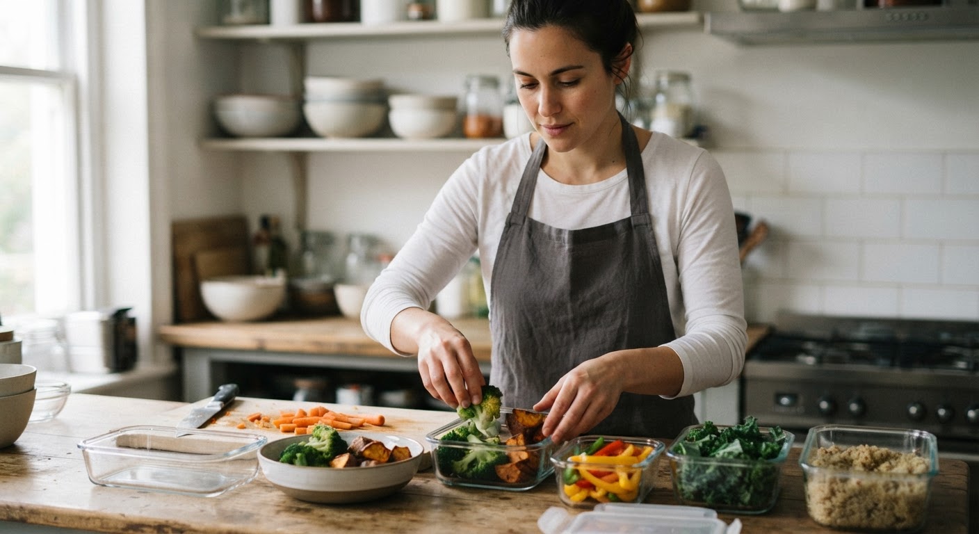 O 'meal prep' semanal, com vegetais picados e refeições cozidas, simplifica a rotina e garante opções saudáveis.