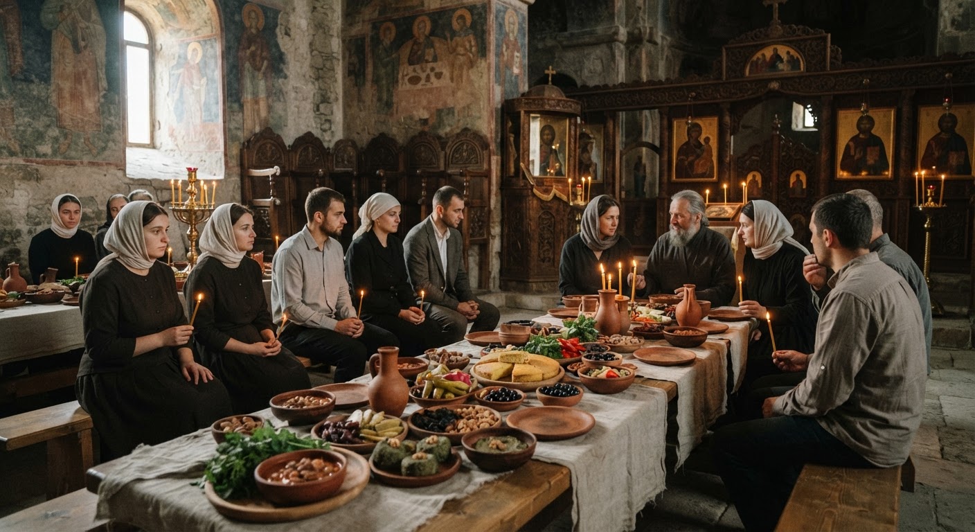 მართლმადიდებლური ეკლესიის ინტერიერი და ტრადიციული მარხვის სუფრა