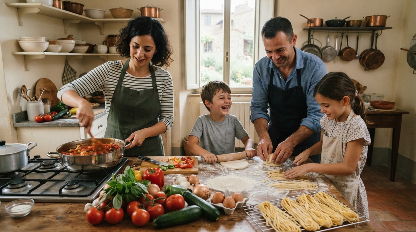 Famiglia italiana che cucina pasta con verdure fresche sul tavolo