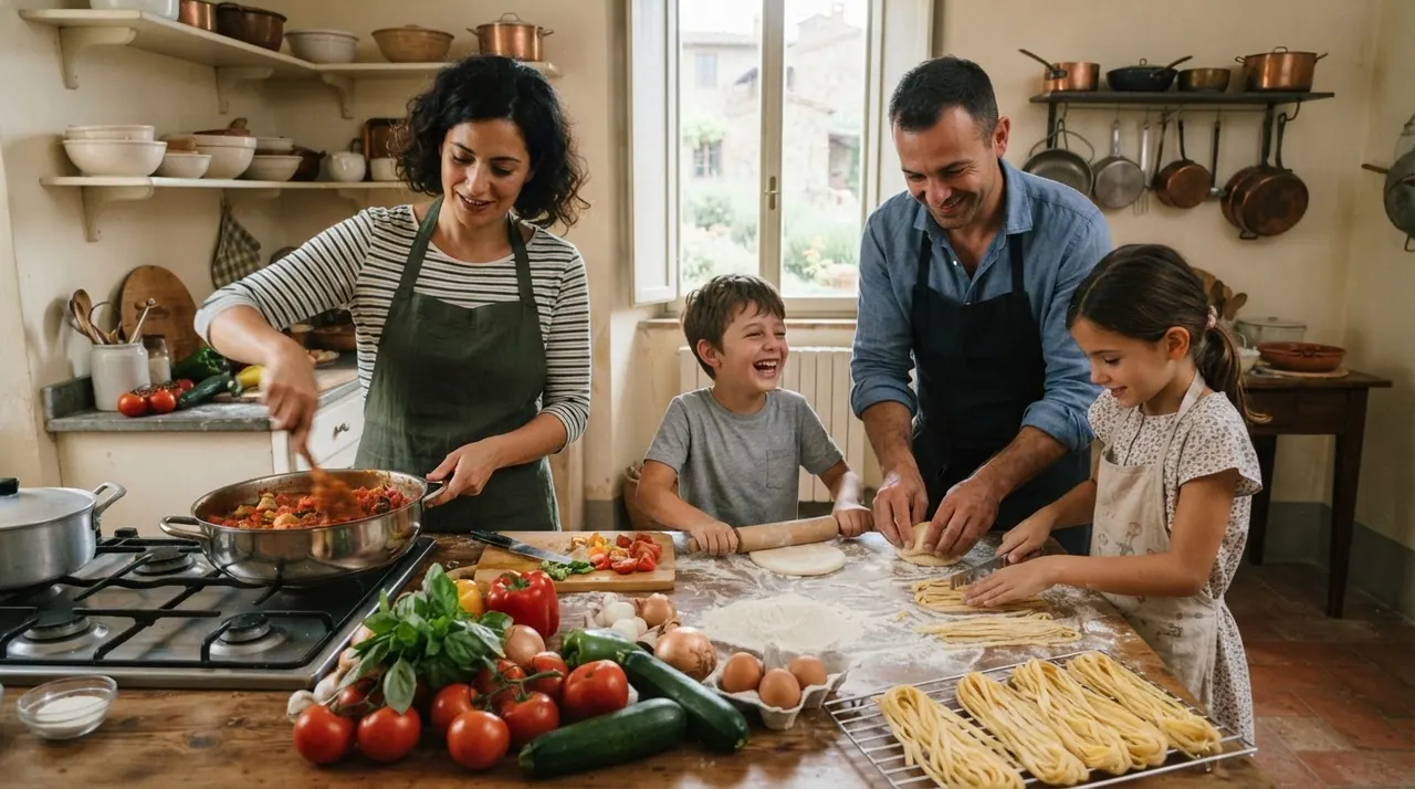 Famiglia italiana che cucina pasta con verdure fresche sul tavolo
