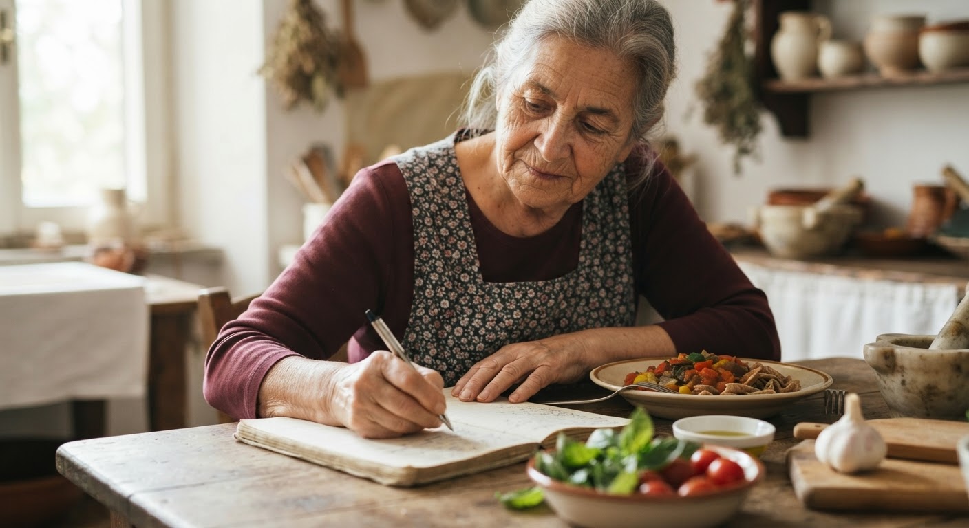 Una nonna italiana che scrive una ricetta tradizionale, fonte di ispirazione per piatti vegani.