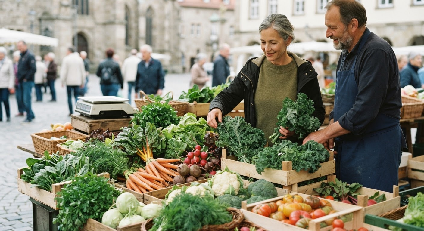 Frisches, saisonales Gemüse vom Markt – die Basis für gesunde und nachhaltige vegane Gerichte in Mitteleuropa.