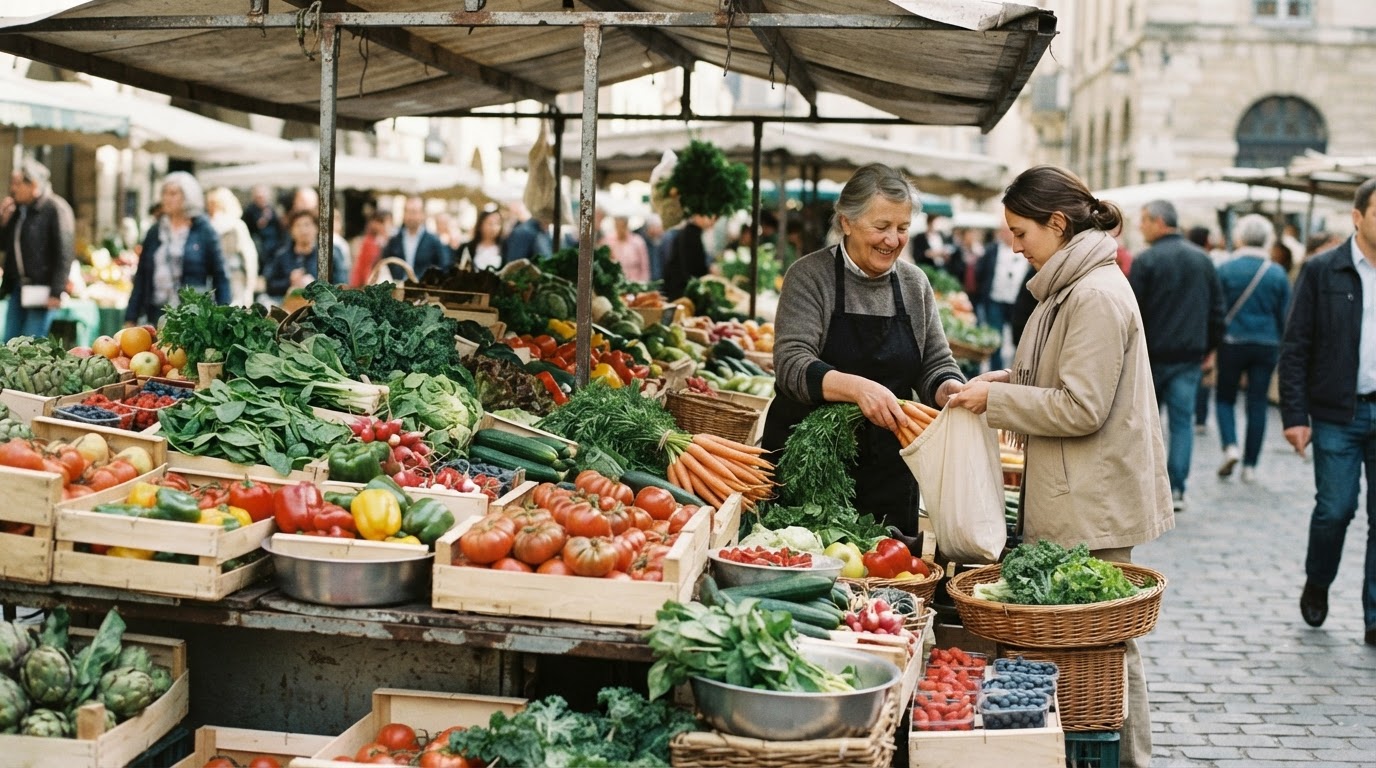 Un étal de marché coloré rempli de légumes frais et de fruits de saison.