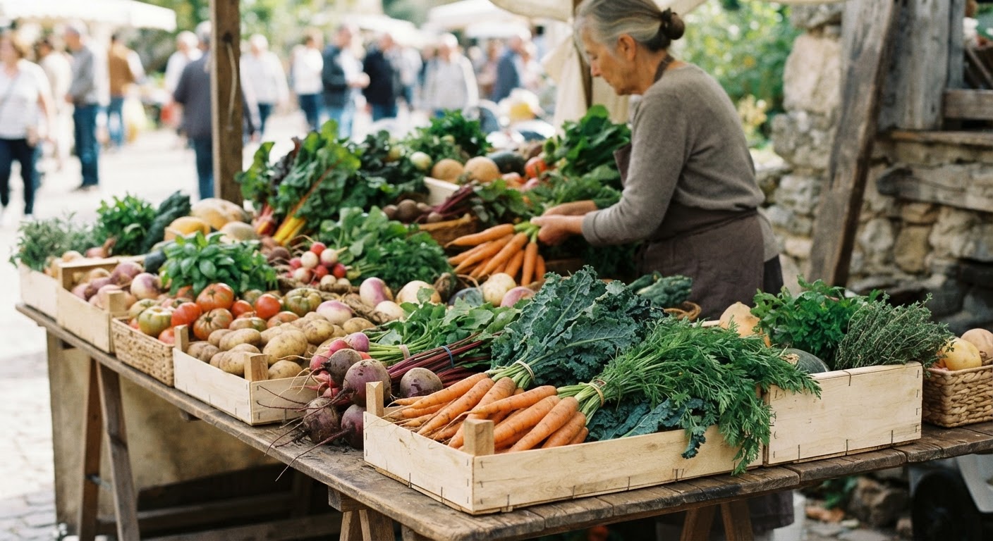 Légumes de saison fraîchement récoltés sur un étal de marché local, invitant à la création de recettes simples et nutritives.