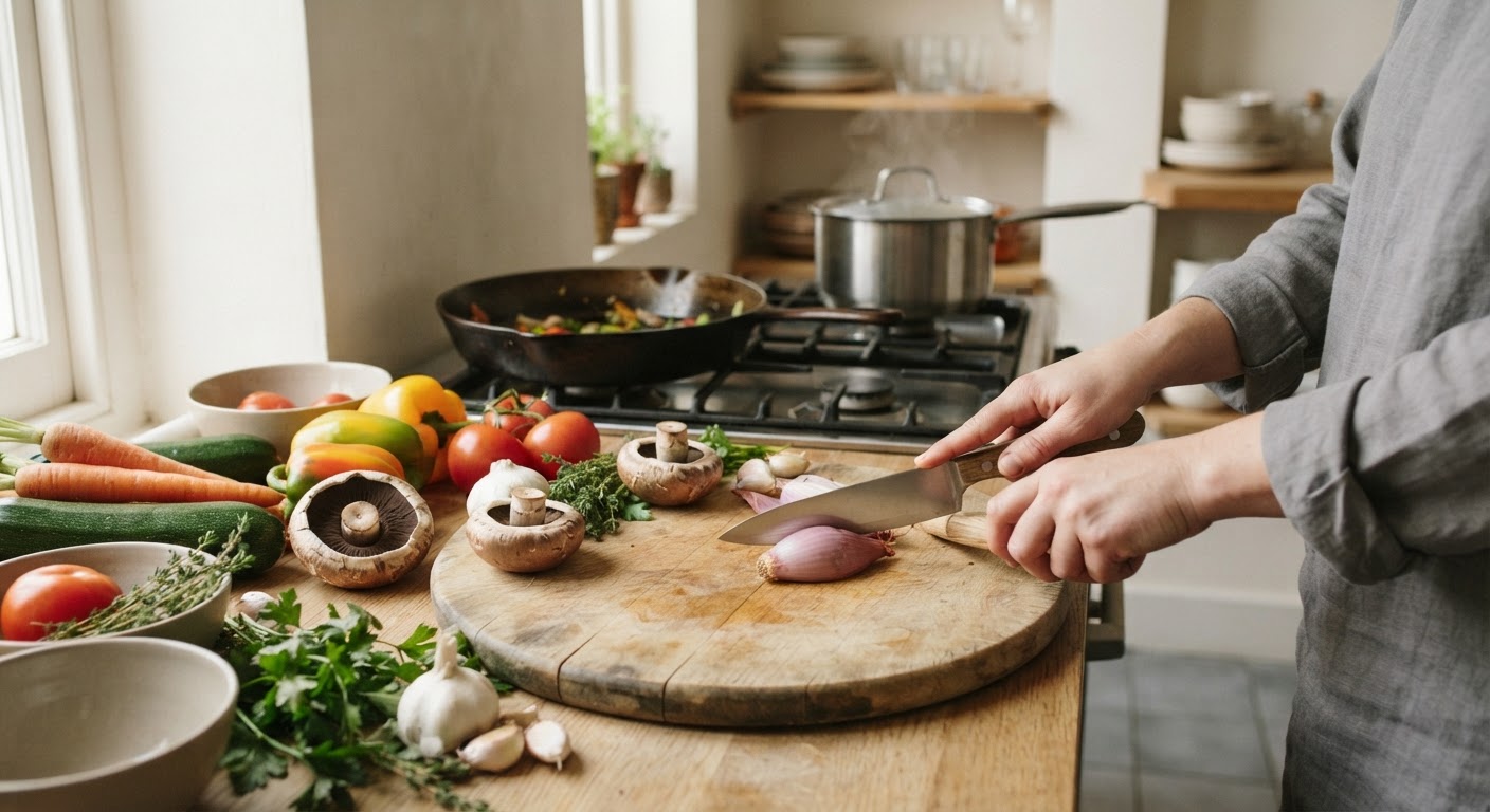 Les ustensiles de cuisine essentiels pour préparer des recettes vegan faciles : couteau, planche, poêle, casserole.