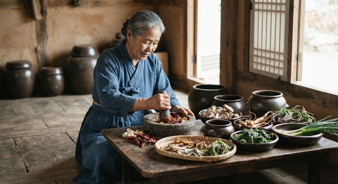 오래된 한국 요리책의 한 페이지. 전통적인 식재료와 조리법이 기록되어 있습니다.