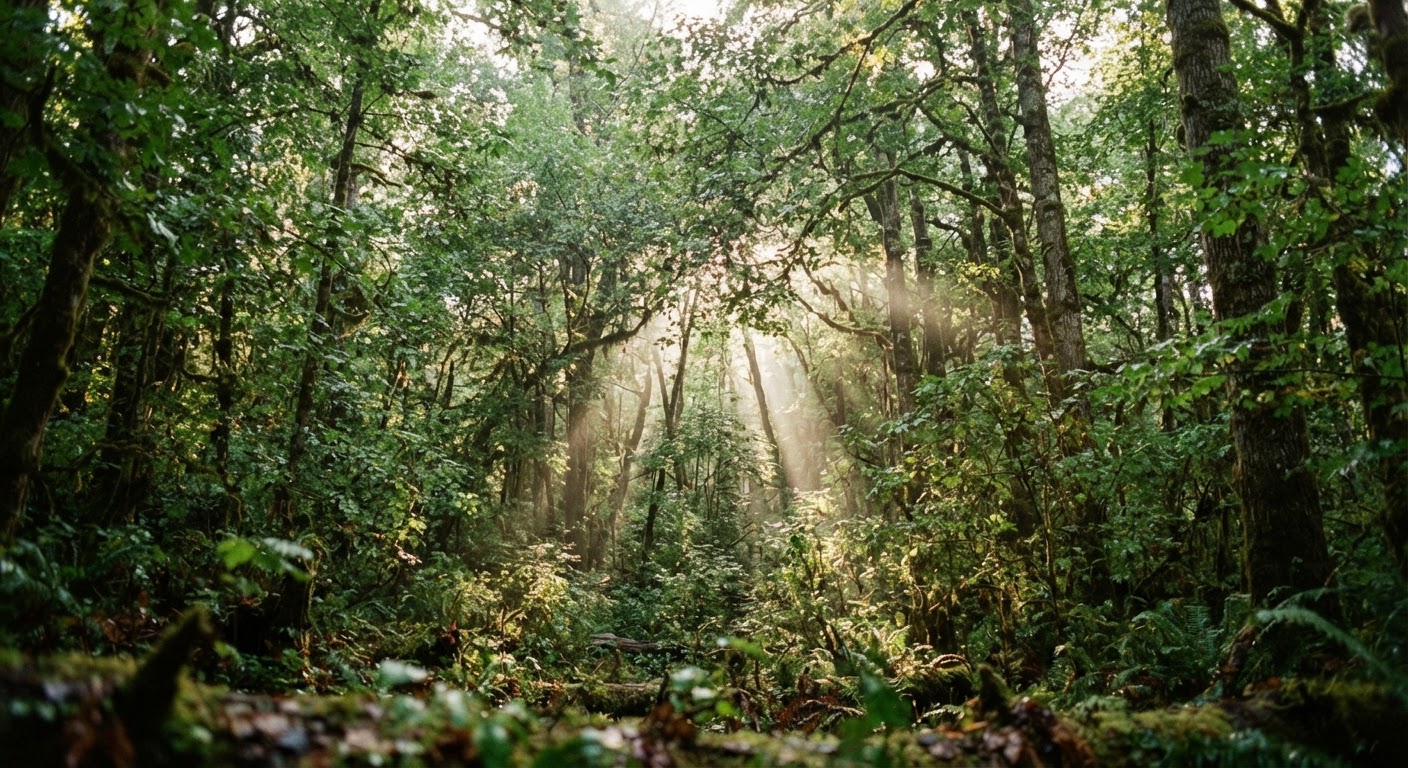 Sunlight streams through a vibrant green forest canopy, highlighting the potential of natural ecosystems.