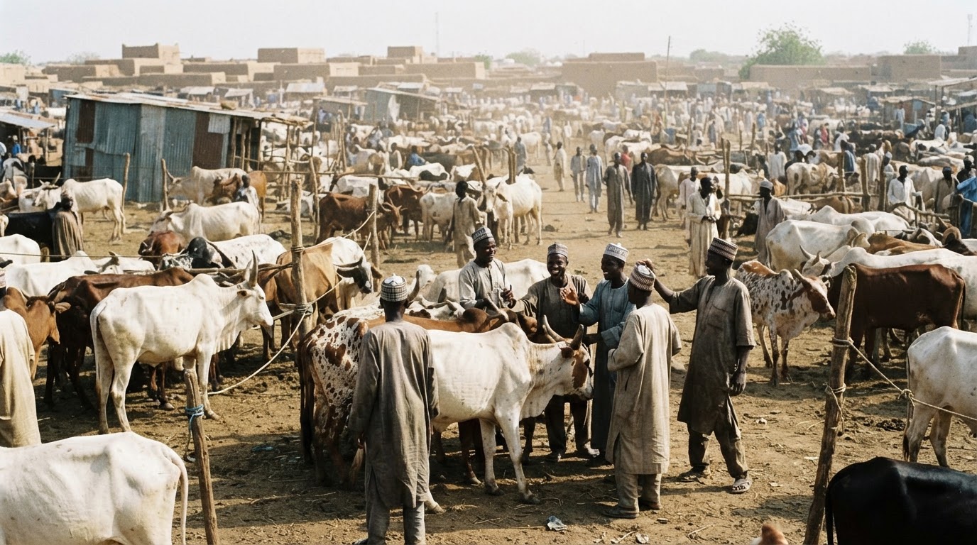 Àwọn mààlúù púpọ̀ nínú ọjà ẹran ní Kano, Nàìjíríà, tí àwọn ènìyàn ń yọ̀.