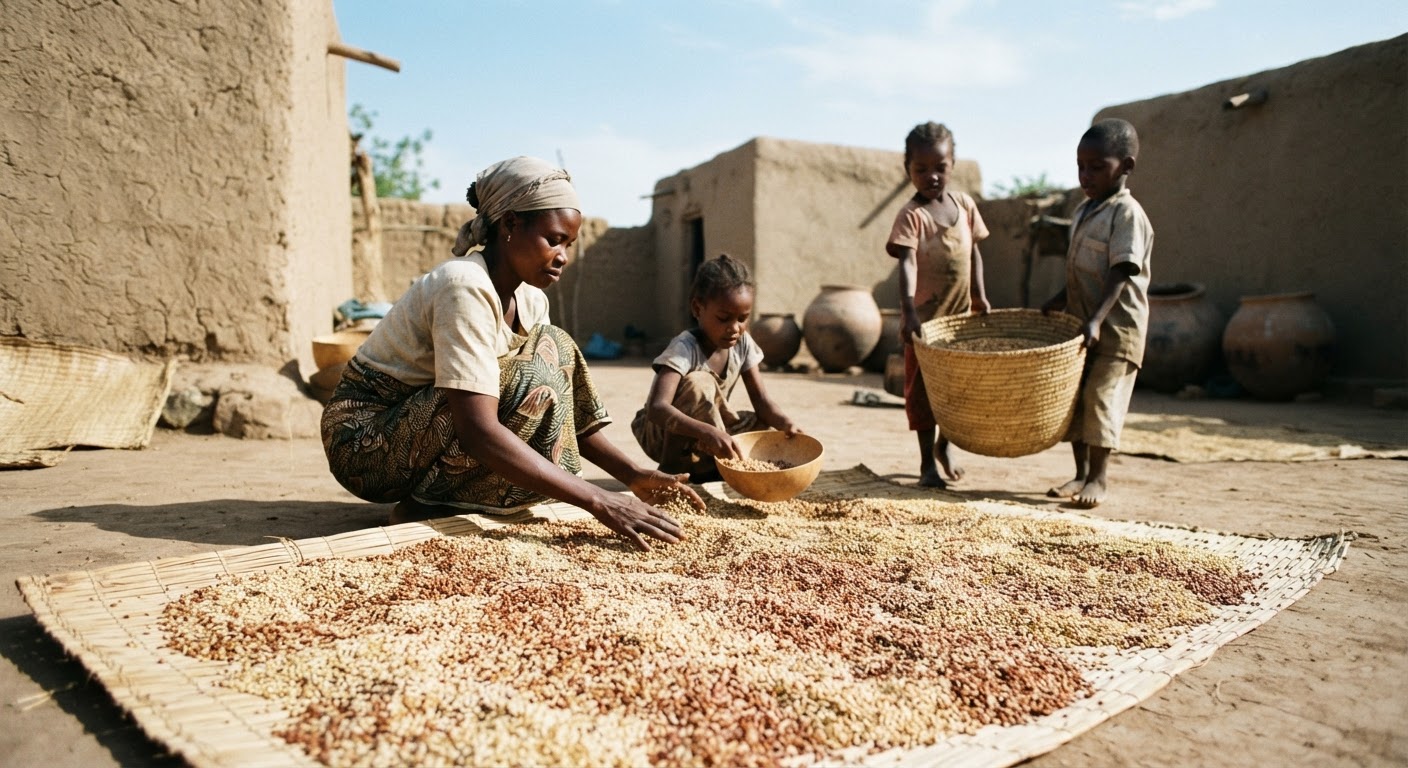Gero da dawa, abinci na asali a arewacin Najeriya, suna bushewa a rana.