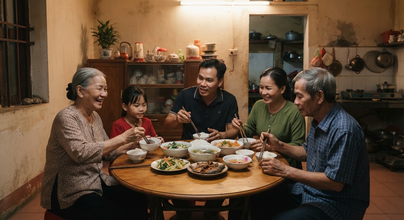 Gia đình Việt Nam quây quần bên mâm cơm ấm cúng tại nhà