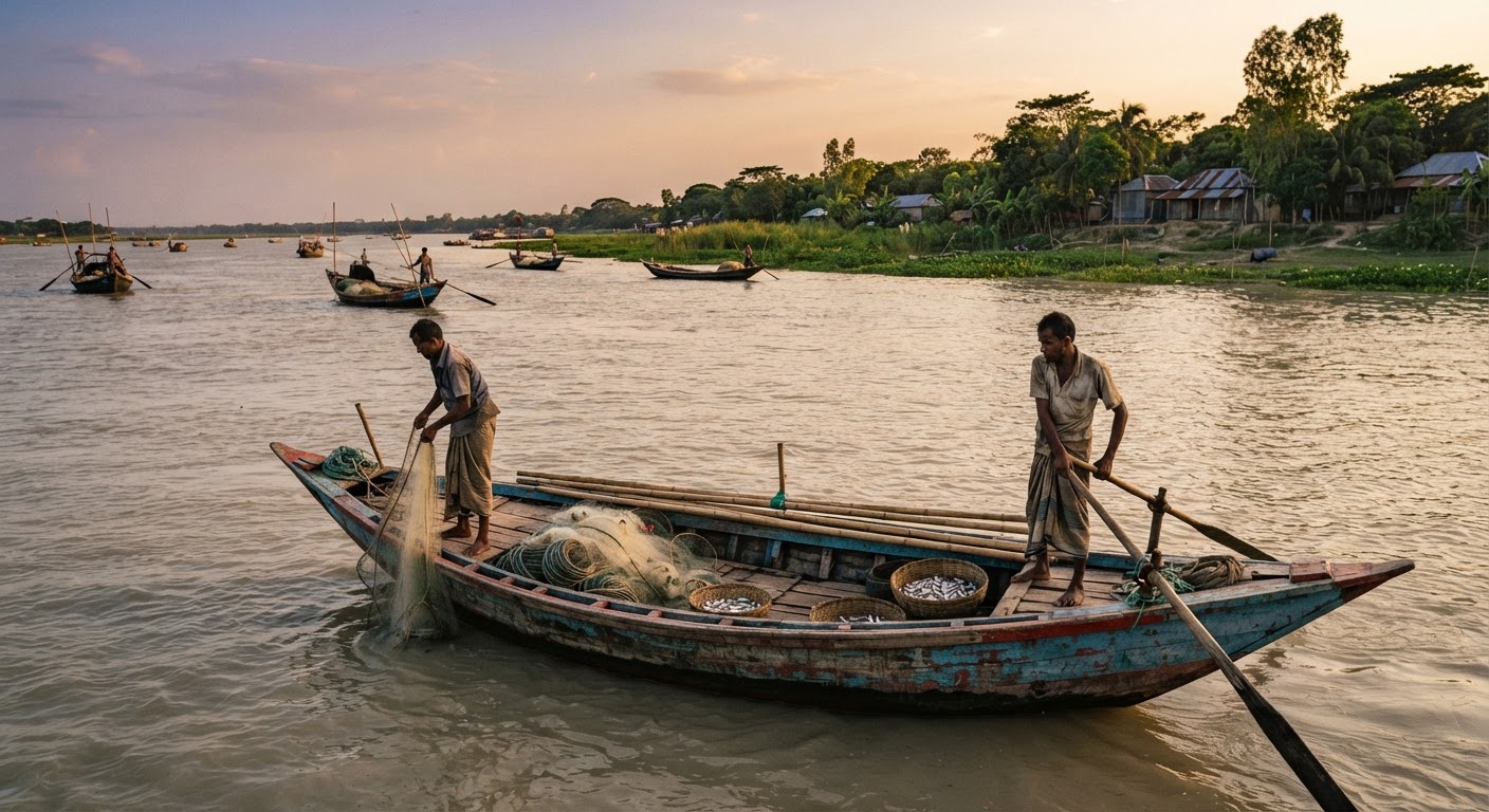 বাংলাদেশের নদীতে ঐতিহ্যবাহী মাছ ধরার নৌকা, যা স্থানীয় অর্থনীতির জন্য অত্যন্ত গুরুত্বপূর্ণ।