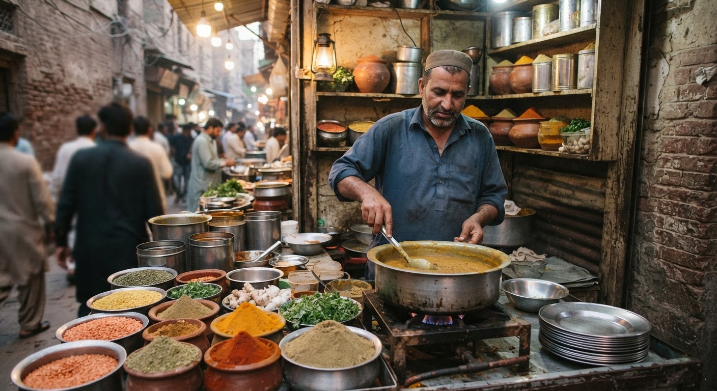 دالوں اور مسالوں سے سجی پاکستانی اسٹریٹ فوڈ کی دکان