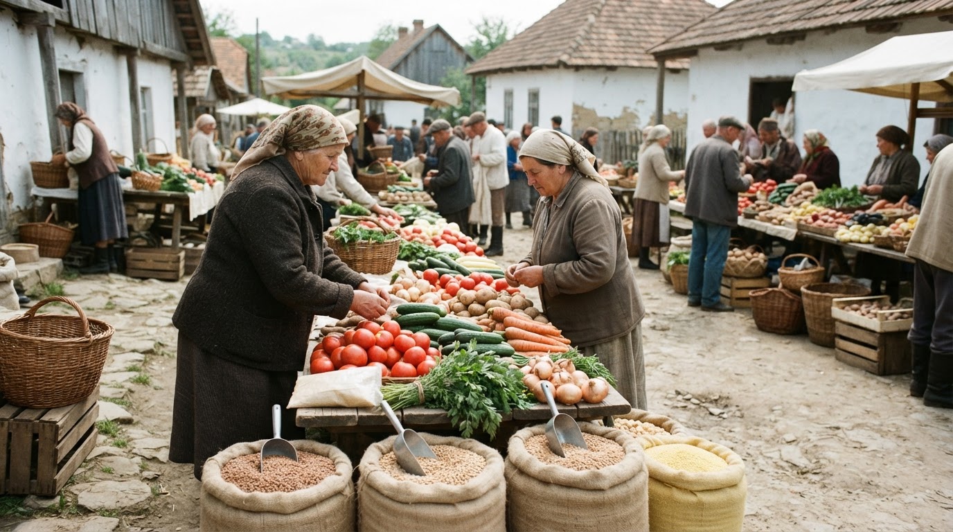 Традиційний український сільський ринок зі свіжими овочами та зерном