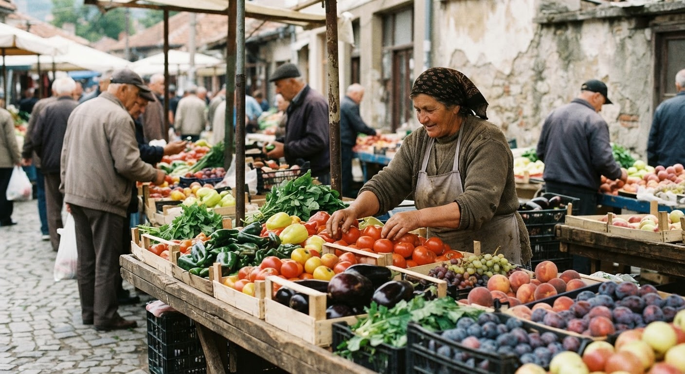 Stallë tregu plot me fruta dhe perime të freskëta nga Ballkani