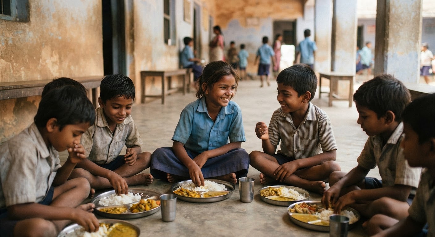 भारतीय स्कूली बच्चे दोपहर का भोजन कर रहे हैं, जिसमें दाल, चावल और सब्जियां परोसी जा रही हैं।