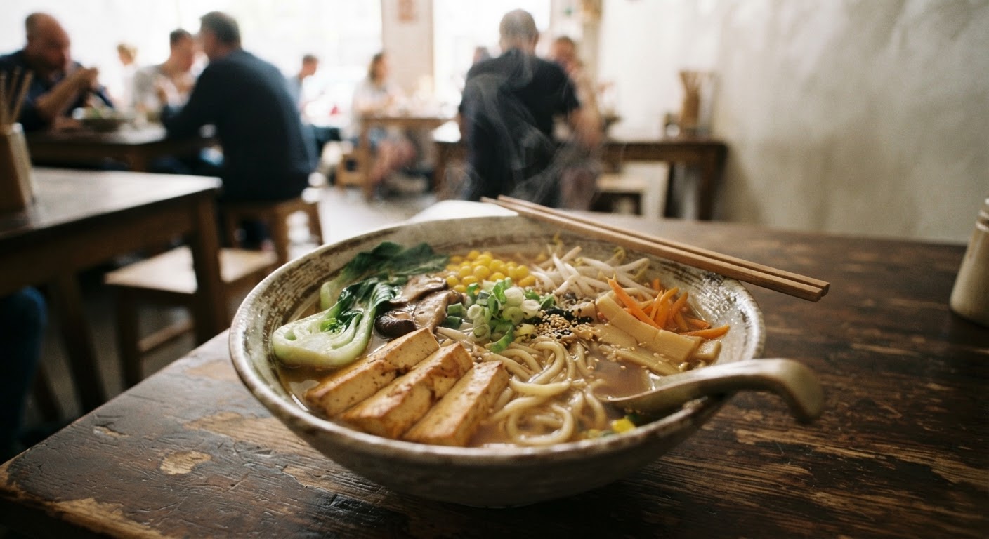 一碗色彩缤纷的植物基拉面,包含豆腐、多种蔬菜和香菇。