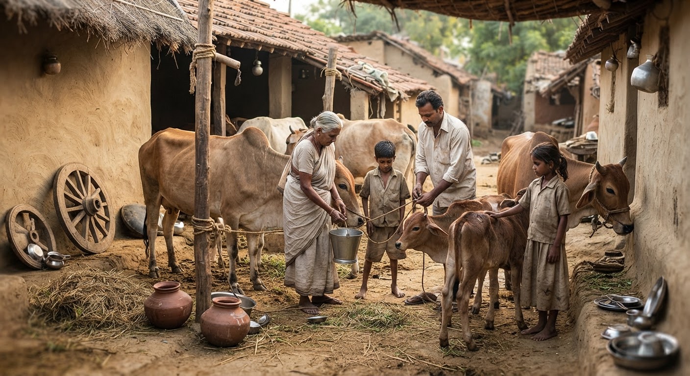 भारत में डेयरी गाय, जो अक्सर सीमित स्थान में पाली जाती हैं।