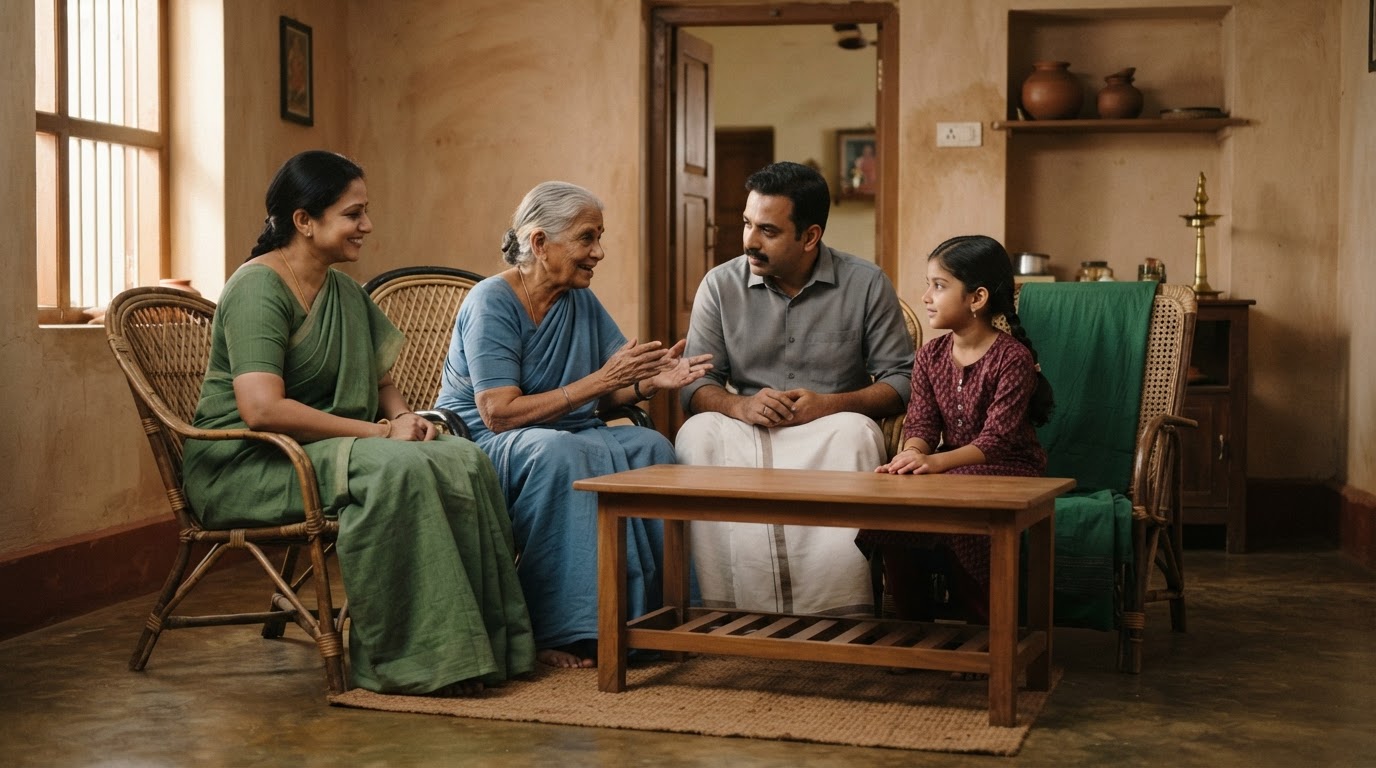 குடும்பம் வீட்டில் அமர்ந்து பேசிக்கொண்டிருக்கிறது