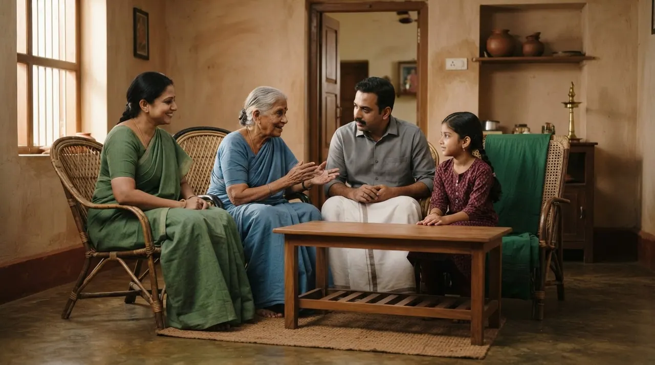 குடும்பம் வீட்டில் அமர்ந்து பேசிக்கொண்டிருக்கிறது