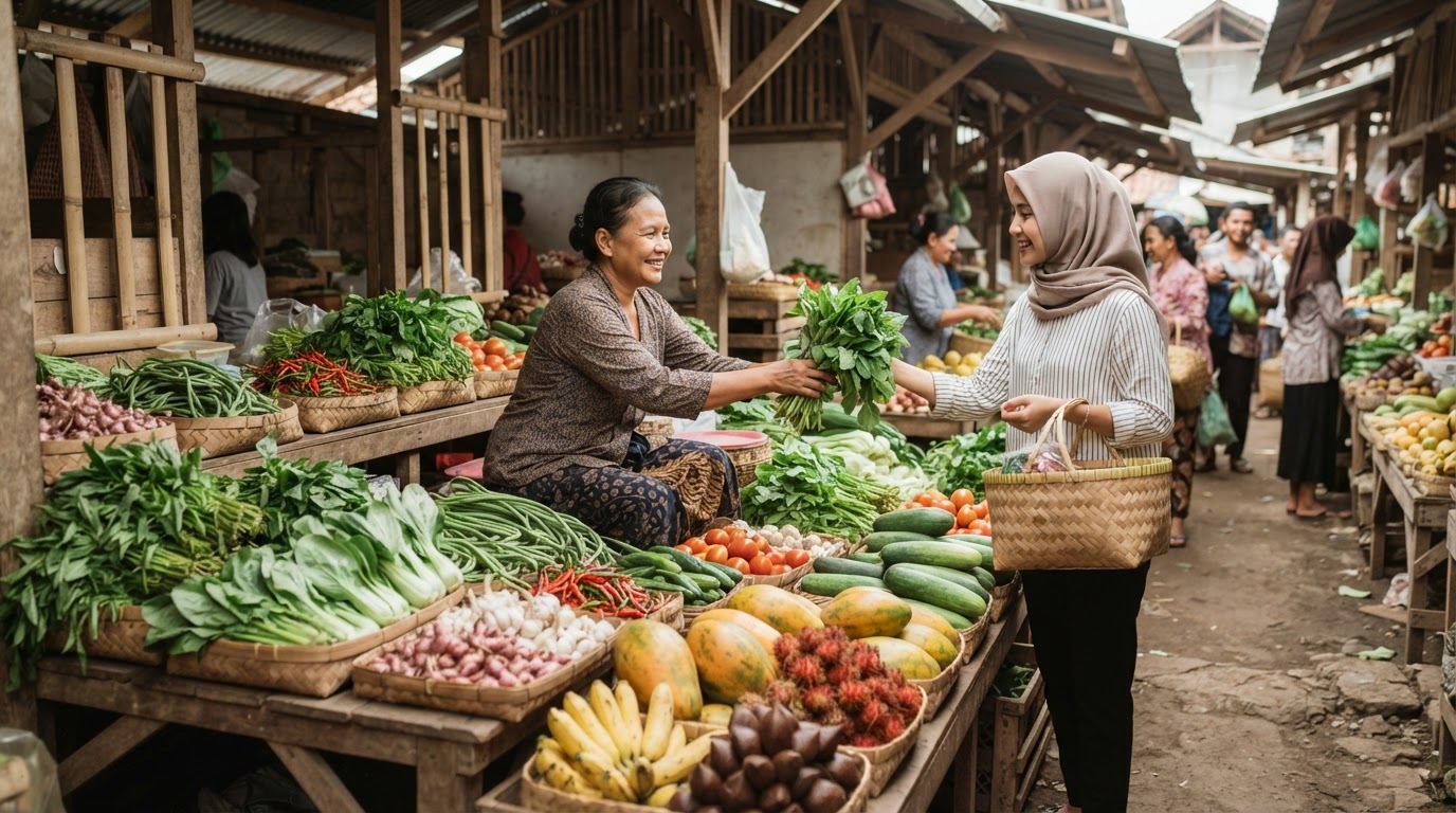 Pasar tradisional Indonesia yang menjual berbagai macam sayuran dan buah-buahan segar.