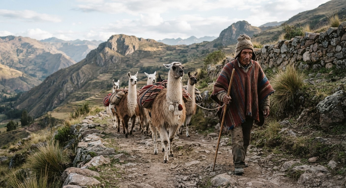 Llamakuna, uywakuna Chawpi Andinapi, runakunaqtaq kawsaynin.