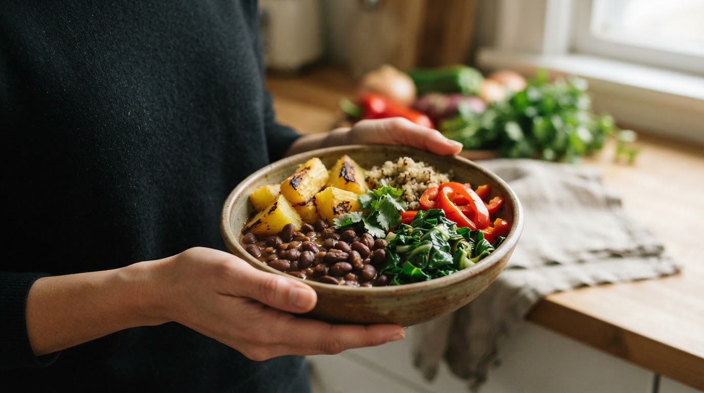 Prato colorido de comida vegana com feijão e mandioca
