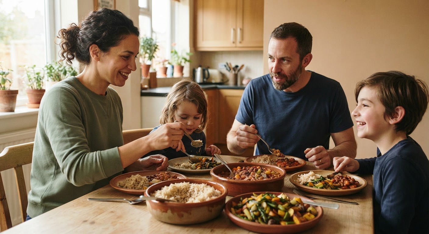 Refeições em família com arroz, feijão e vegetais são a base de uma alimentação vegana equilibrada.