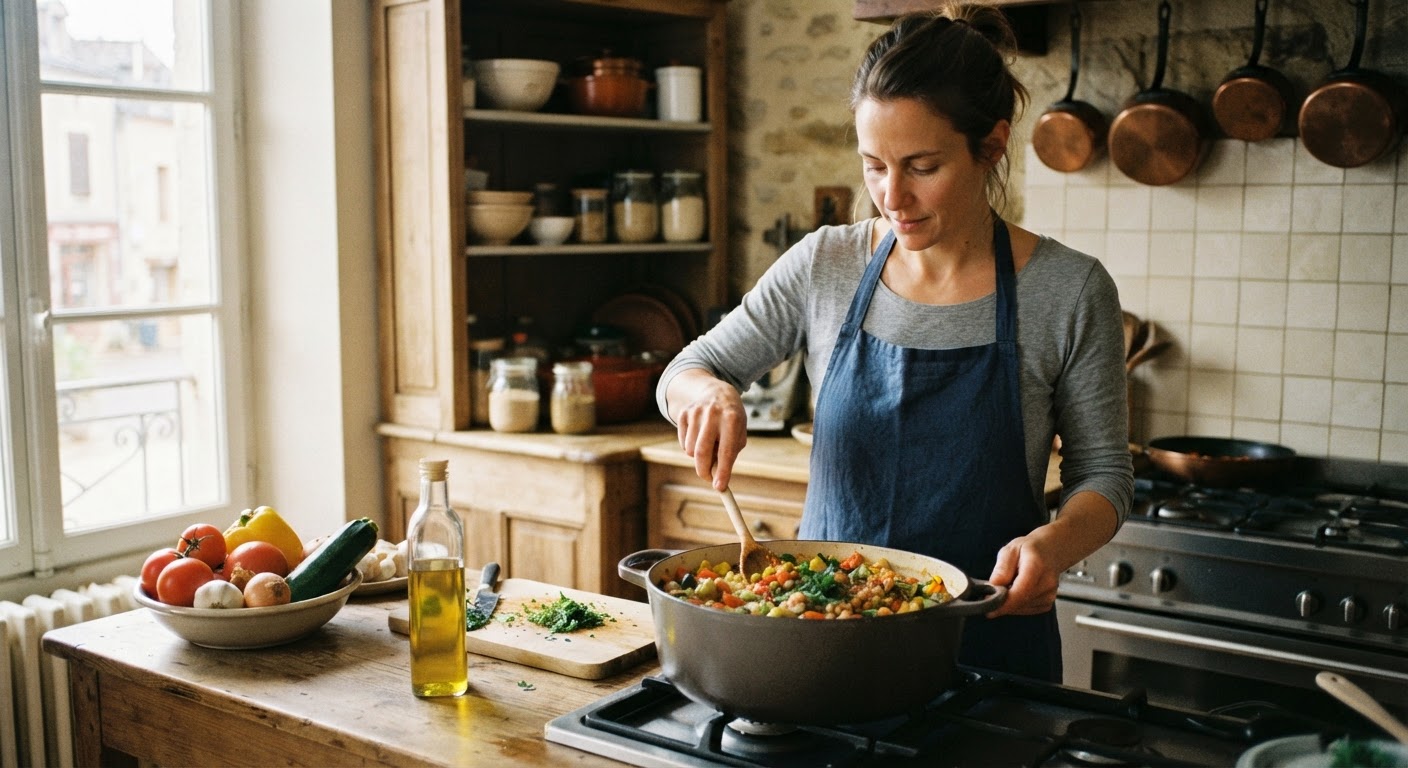 Une femme prépare un repas végétalien dans une cuisine.