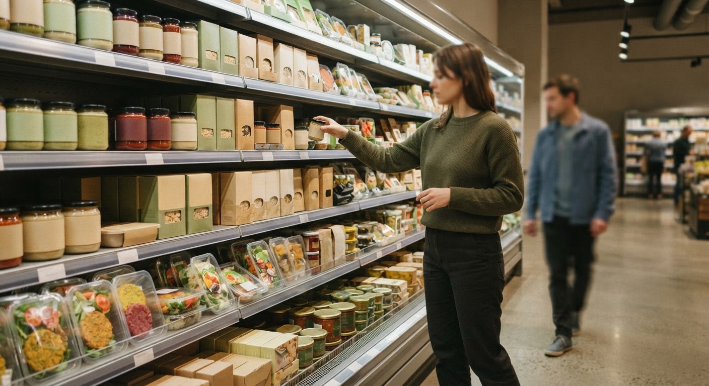 Supermarktregal mit einer Auswahl an veganen Produkten