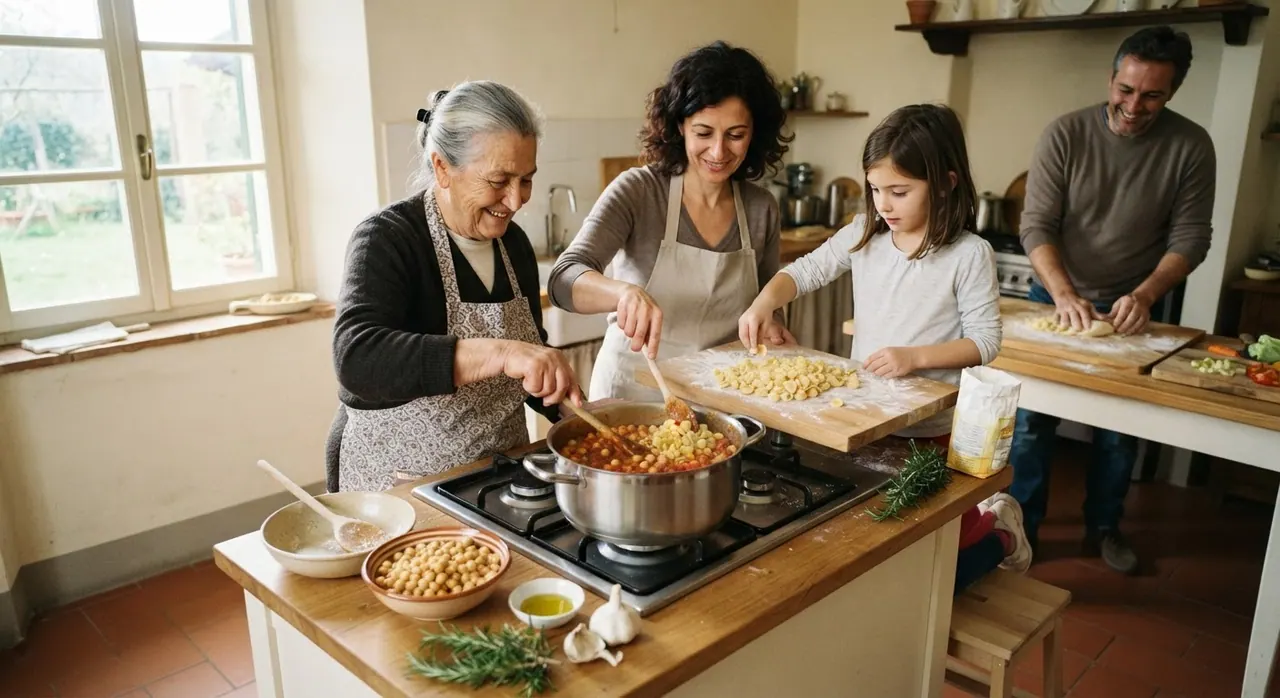 Una famiglia italiana che cucina insieme una pasta e ceci vegana in una cucina luminosa.