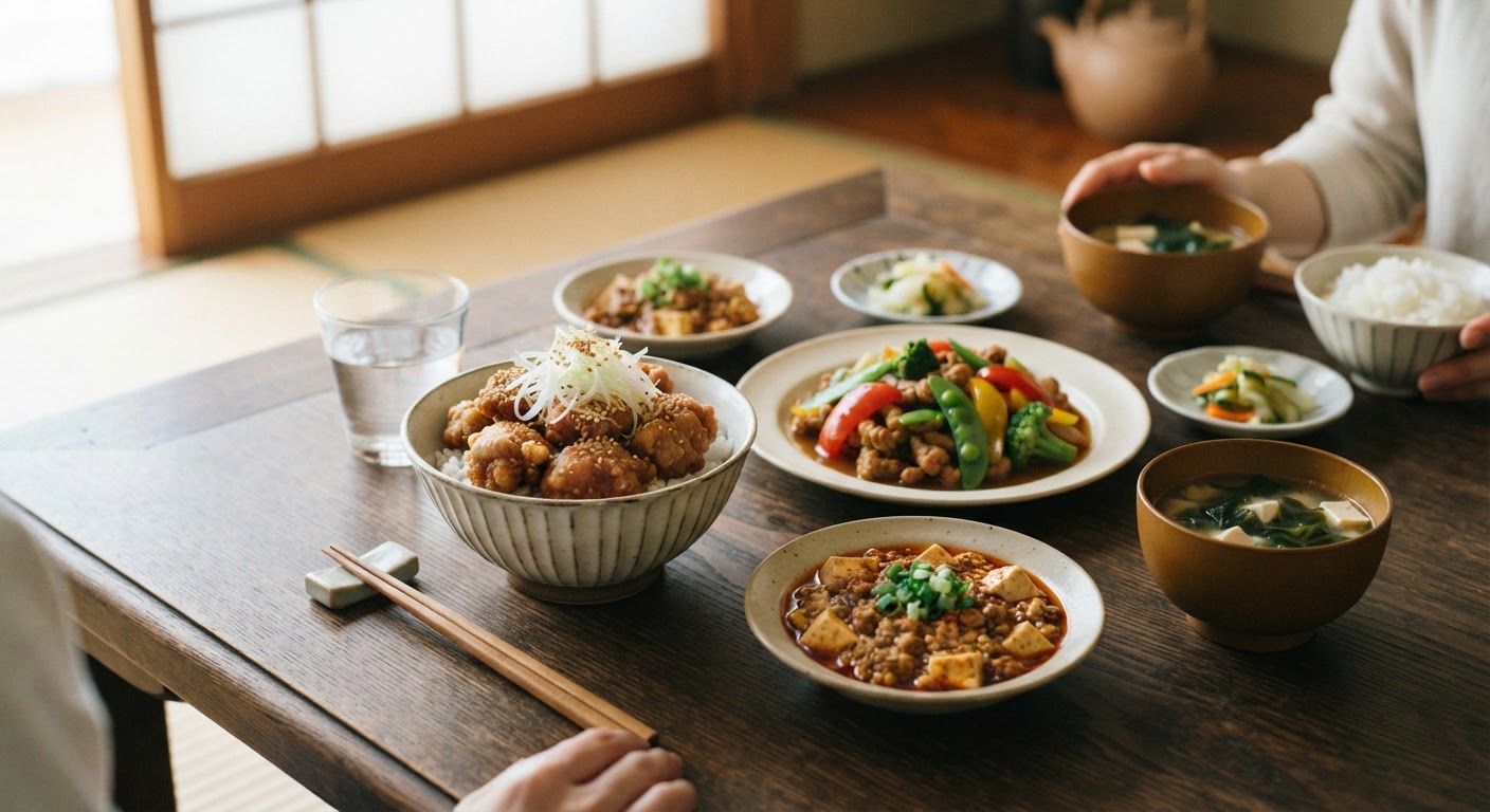 食卓に並ぶ、大豆ミートを使った様々な和食・中華風料理。
