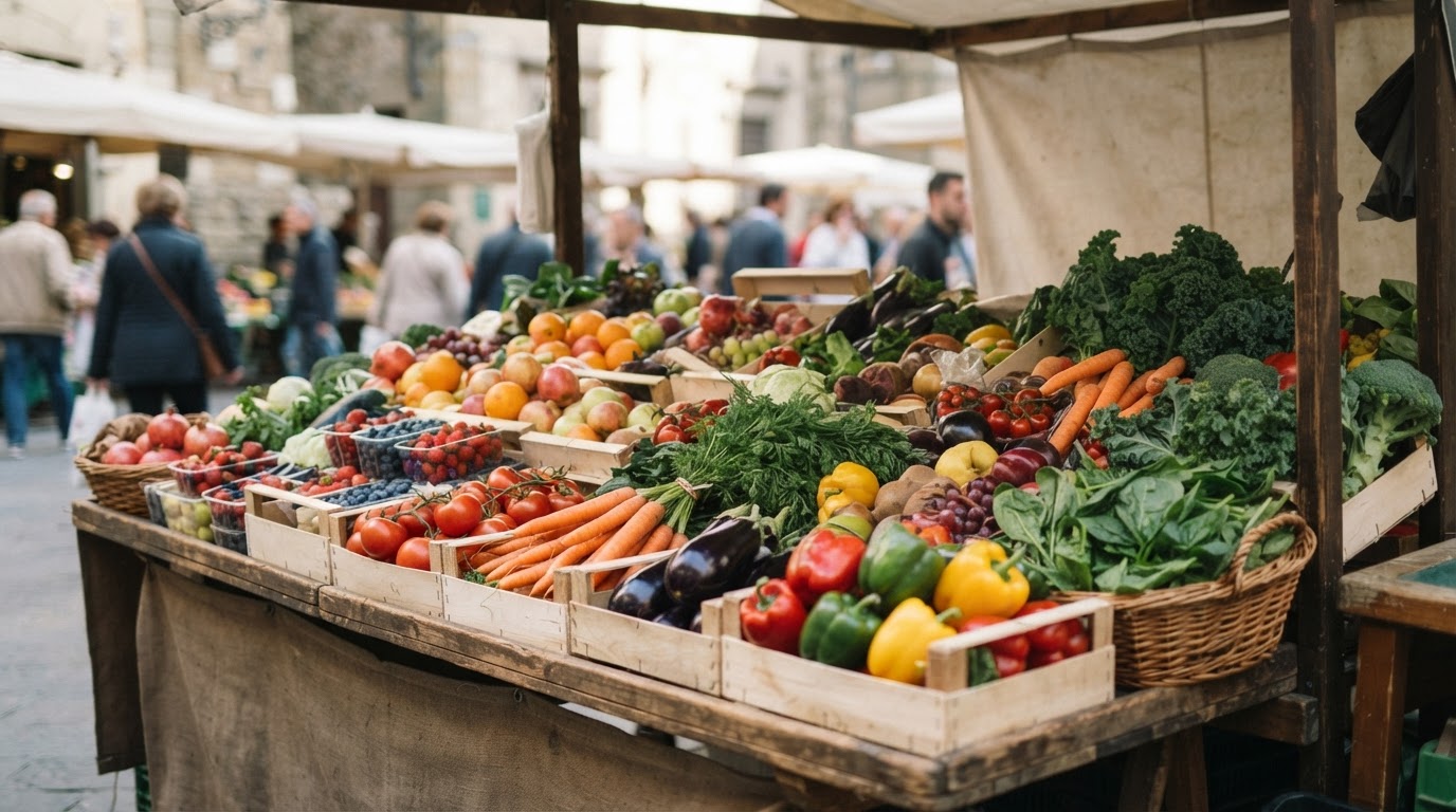 A vibrant and appealing display of fresh fruits and vegetables, suggesting healthy eating.