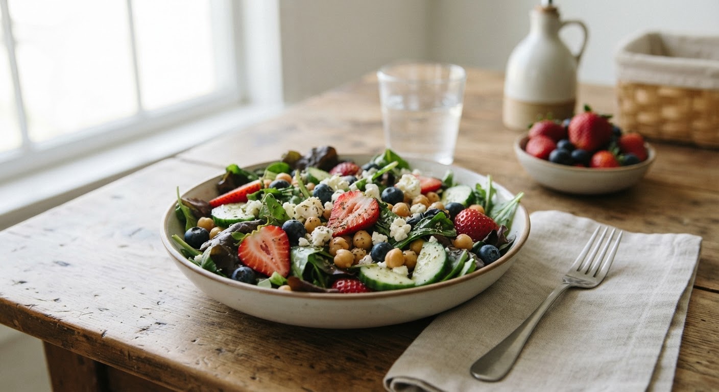 A nutrient-dense salad featuring leafy greens, berries, and chickpeas, ideal for weight management.
