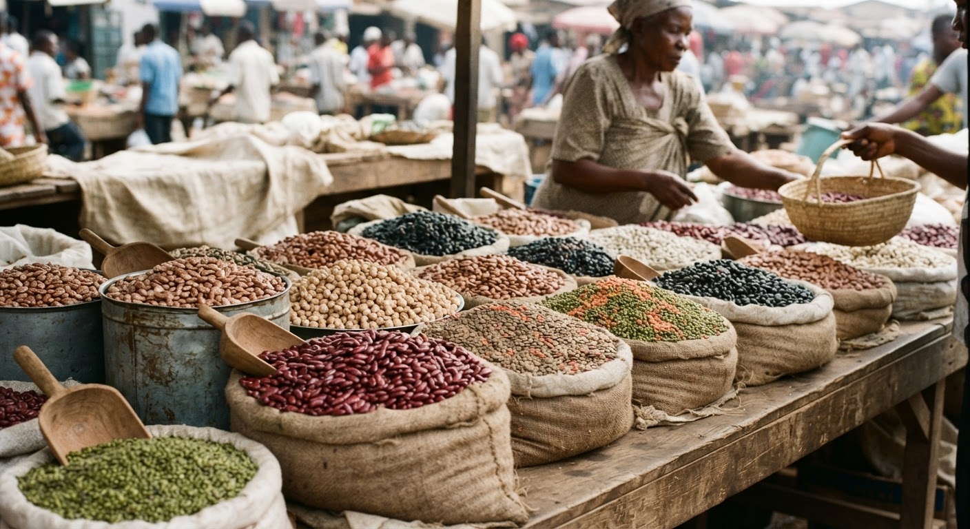 Aina mbalimbali za maharagwe makavu yaliyowekwa kwenye stendi ya soko, yanayoonyesha utajiri wa protini za bei nafuu.