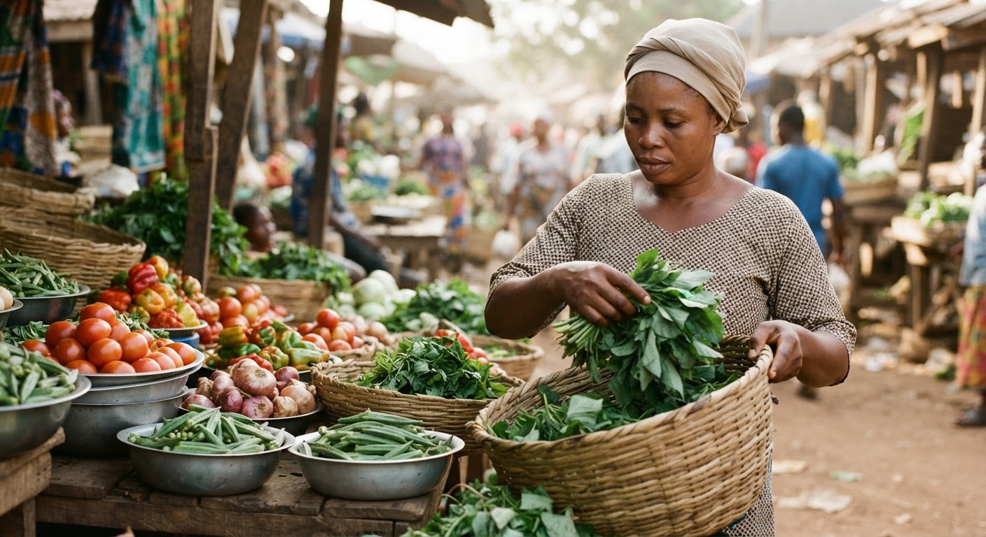 Obìnrin tó ń wo àwọn ẹ̀fọ́ nílé-ìtàjà Nàìjíríà.