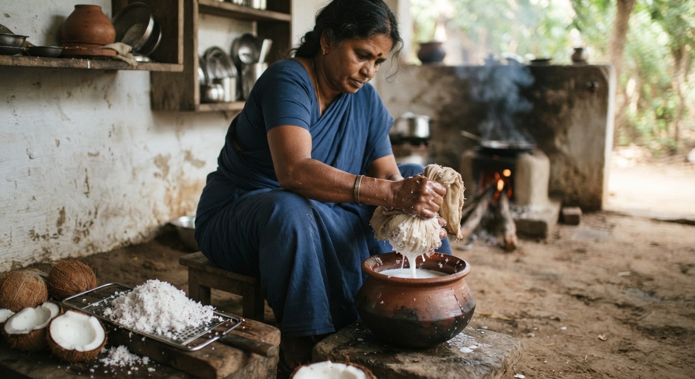 தேங்காயில் இருந்து புதிய பால் எடுப்பது, பல தென்னிந்திய உணவுகளுக்கு ஒரு முக்கிய மூலப்பொருள்.