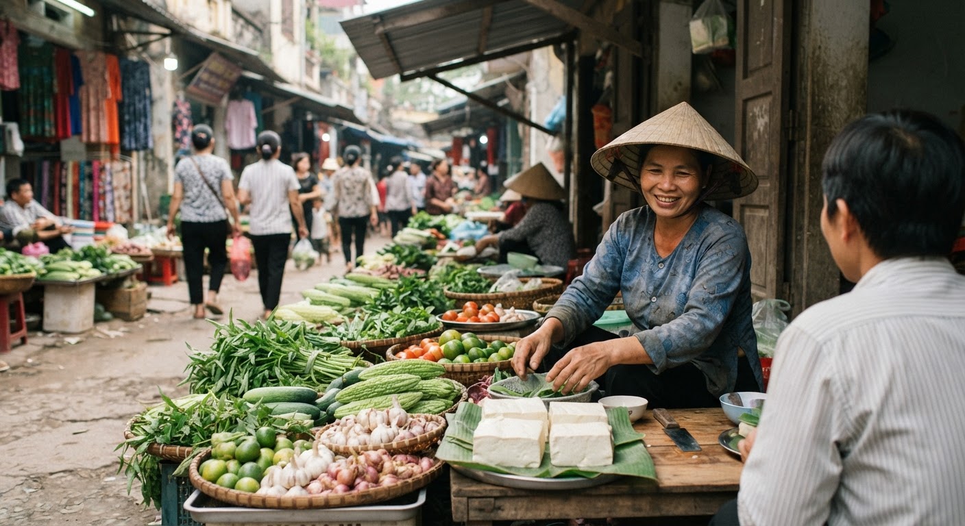 Khu chợ truyền thống Việt Nam với đa dạng rau củ và đậu hũ.