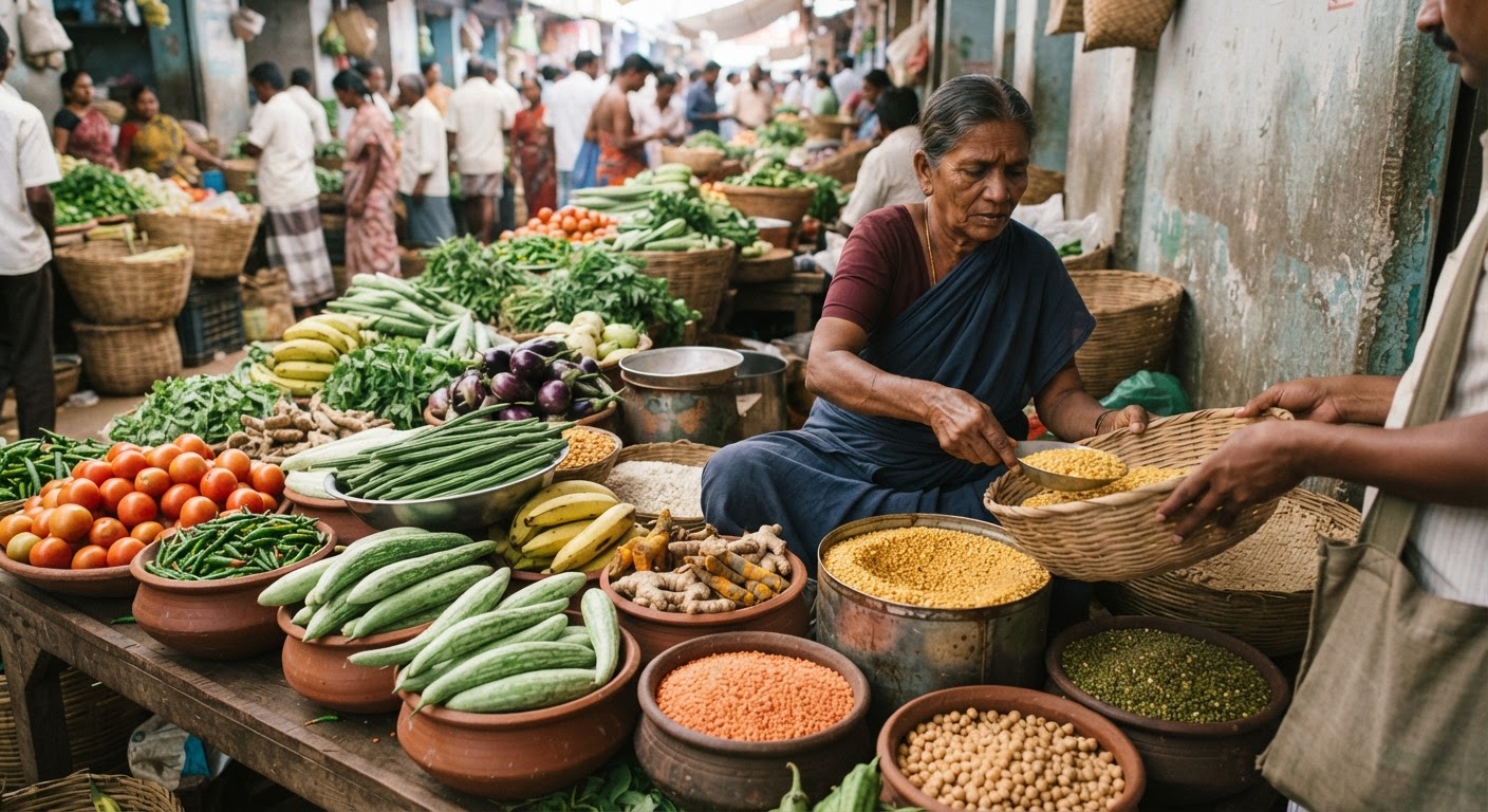 உள்ளூர் சந்தைகளில் கிடைக்கும் புதிய காய்கறிகள் மற்றும் பருப்புகள், ஆரோக்கியமான சைவ உணவுக்கு அடித்தளமாக அமைகின்றன.