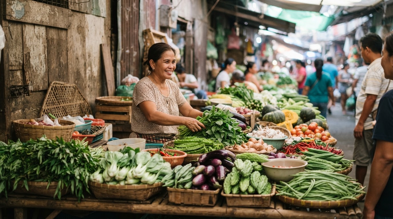 Maliwanag at makulay na tindahan ng gulay sa isang lokal na pamilihan sa Pilipinas.