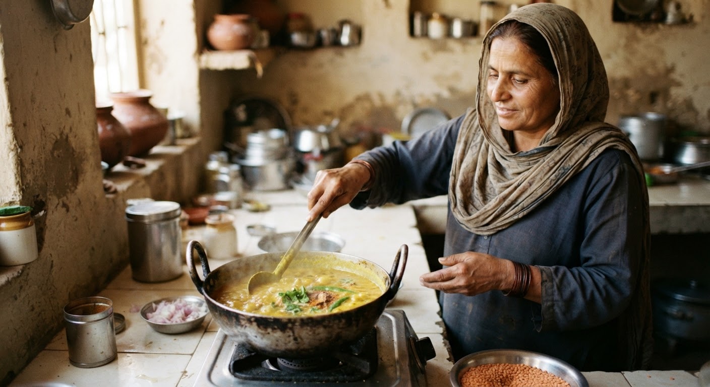 ایک پاکستانی باورچی میں دال پکائی جا رہی ہے