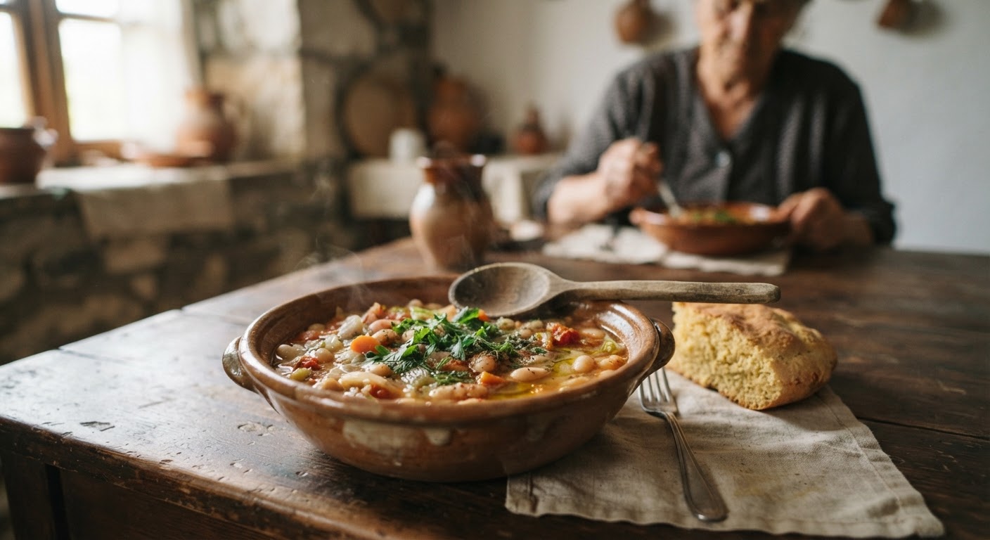 Një tas me Fasule me Perime, një gjellë tradicionale shqiptare që përshtatet lehtësisht me dietën e agjërimit.