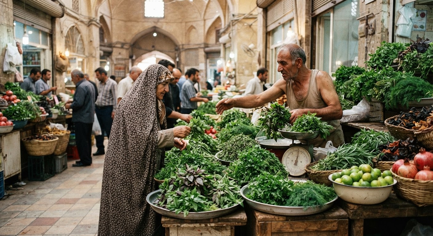 بازار سبزیجات تازه در یکی از شهرهای ایران، منبع اصلی مواد اولیه غذاهای گیاهی سنتی.
