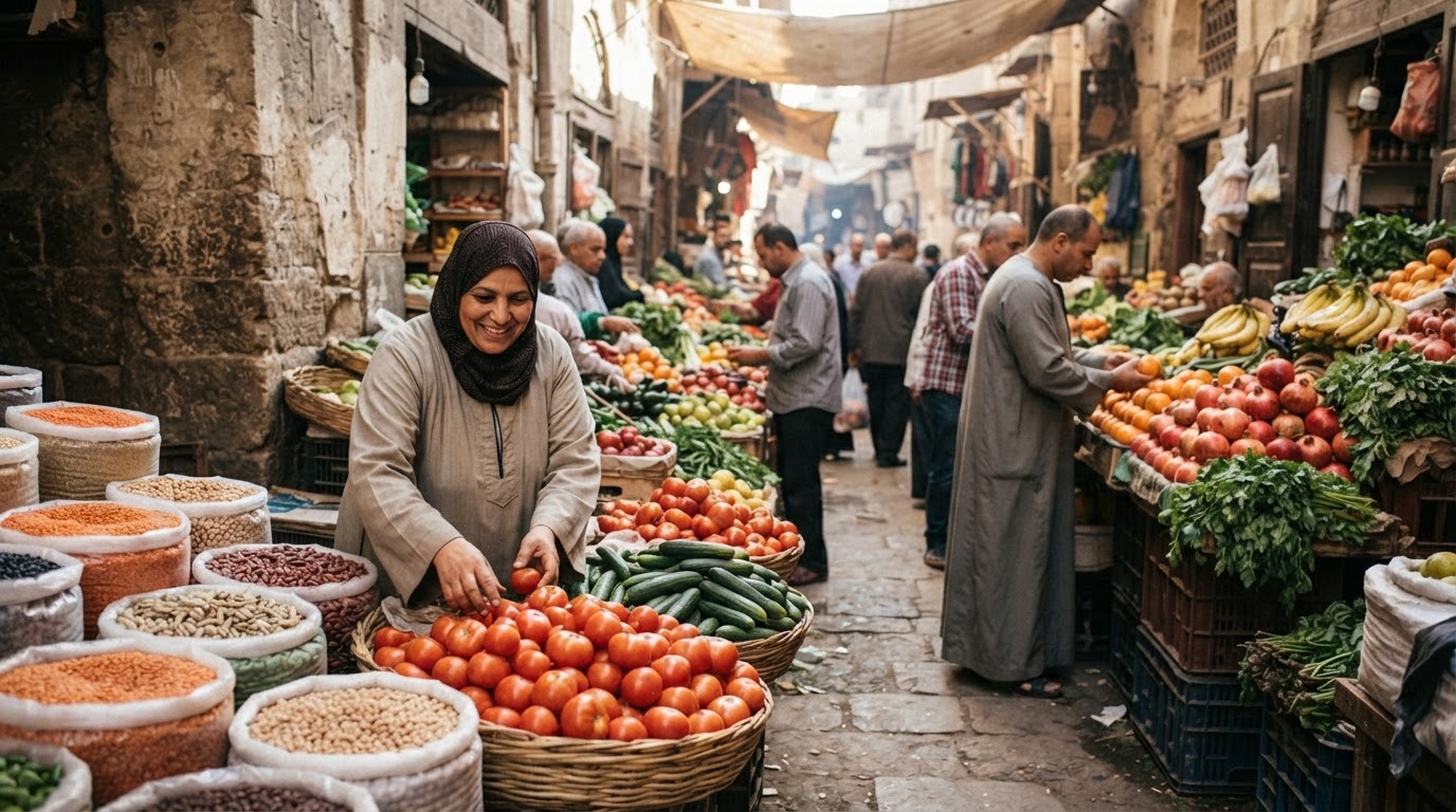 سوق مصري يعرض مجموعة متنوعة من المنتجات الطازجة، بما في ذلك الخضروات والفواكه والبقوليات.