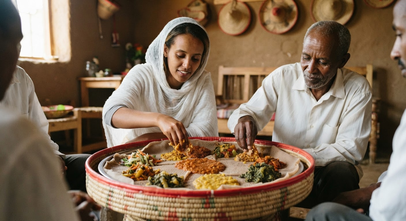 የኢትዮጵያ ኦርቶዶክስ የጾም ወቅት ምግቦች፤ ከጥራጥሬ እና አትክልት የተሰሩ እና ከእንጀራ ጋር የሚቀርቡ ናቸው።